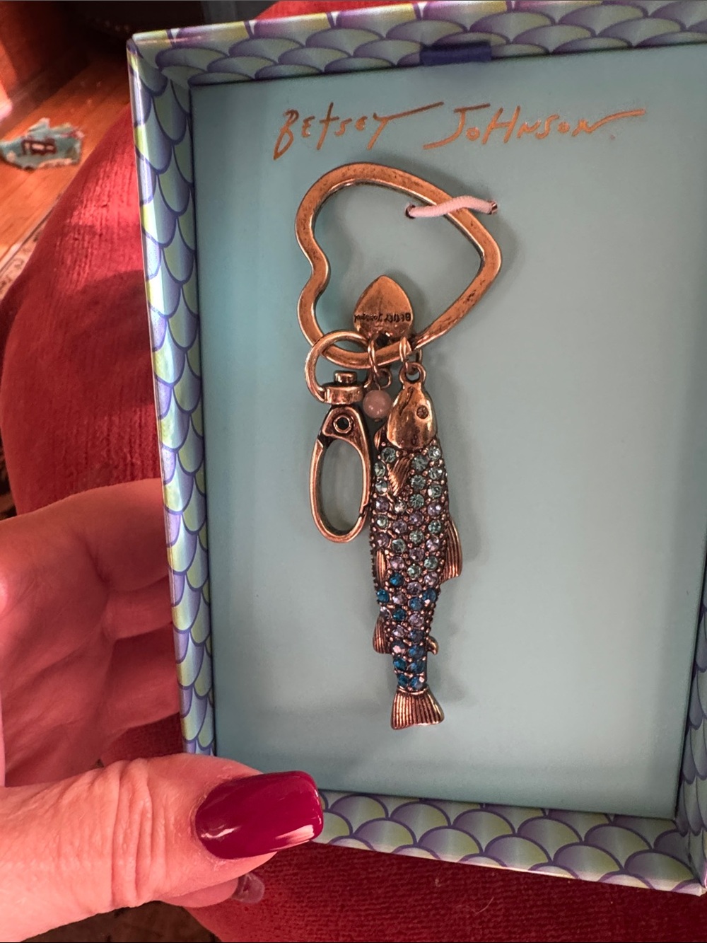 Betsey Johnson Gold-Tone Fish Keychain with Blue and Teal Crystals